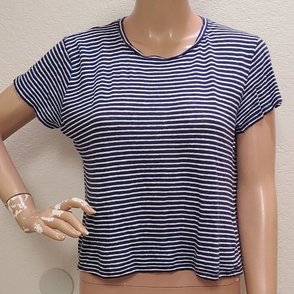 EVERLANE 100% LINEN KNIT STRETCH STRIPED S/S T-SHIRT TOP BOXY CROP sz S